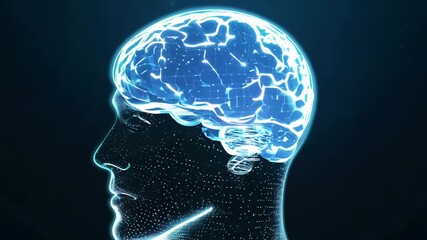 3D futuristic side-profile human face hologram glowing wireframe, streams of binary code scanning digital shell holographic AI brain glowing particles nodes sci-fi neon 3D animation - Powered by Adobe