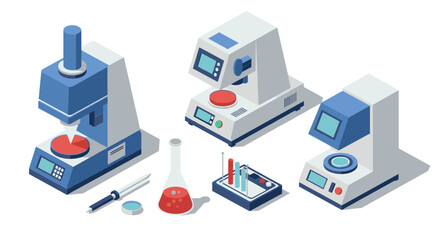 Isometric laboratory equipment set with analytical instruments and scientific tools