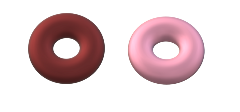 Two 3D rendered torus shapes in contrasting colors of dark red and light pink against a creating a simple geometric composition