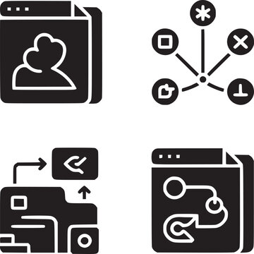 Four black and white icons representing profile, network, data transfer, and process flow diagrams