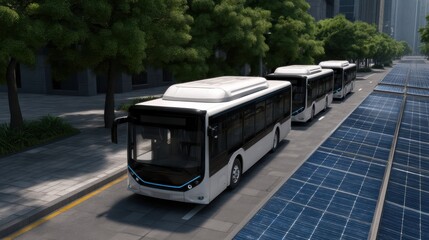 Fototapeta premium modern city scene featuring electric buses driving along a solar panel-lined street, surrounded by greenery and urban architecture.