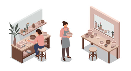 Isometric ceramic workshop with pottery crafting and display shelves