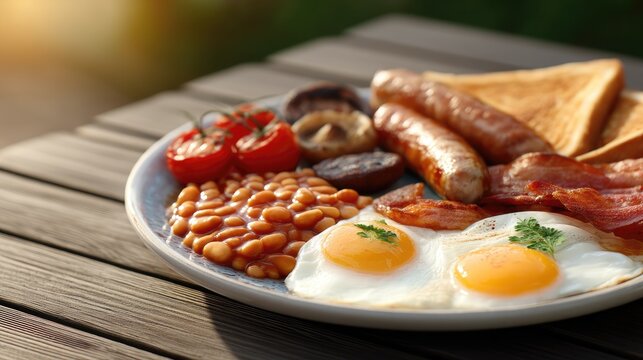 Enjoy a hearty breakfast of stacked pancakes drizzled with syrup, crispy bacon, fluffy scrambled eggs, and a refreshing juice - Powered by Adobe