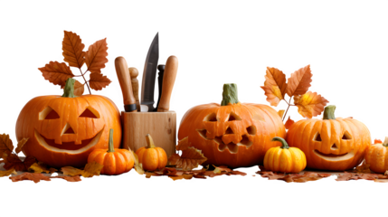 Halloween pumpkin carving scene isolated on white background