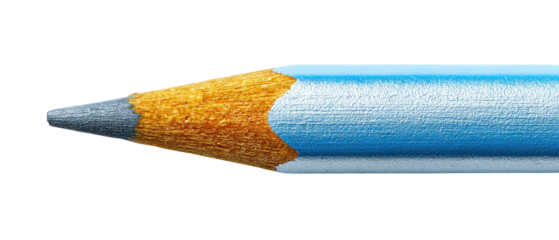 Close-up of a colored pencil with a light blue colored exterior and a gray lead