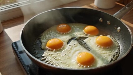 Fresh eggs sizzling in a hot pan, ready for a delicious breakfast. - Powered by Adobe