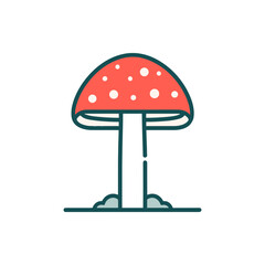 Vibrant red mushroom with white spots standing on green grass in a serene natural setting