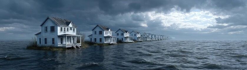 Strong wind hurricane hitting island flood concept. A panoramic view of homes partially submerged in water under gray skies.