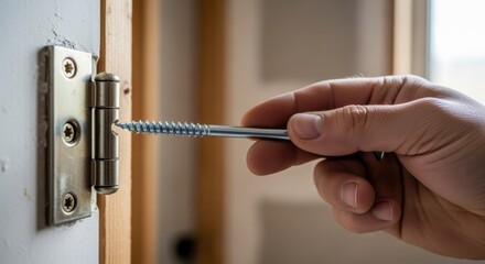 Hand holding a long screw next to a door hinge preparing for hinge reinforcement during a renovation project.