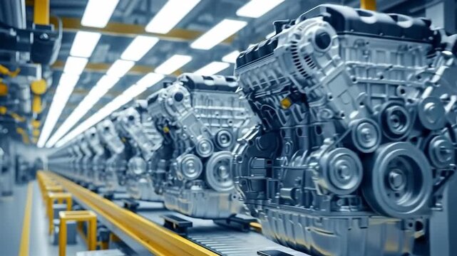A long row of brand new car engines on an assembly line in a modern automotive factory.