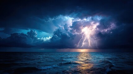 Storm clouds flashing with fierce lightning concept. Dramatic lightning strikes over a dark, stormy ocean landscape.