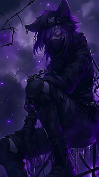 An anime spy with ears in a black suit against a dark aura, animated video