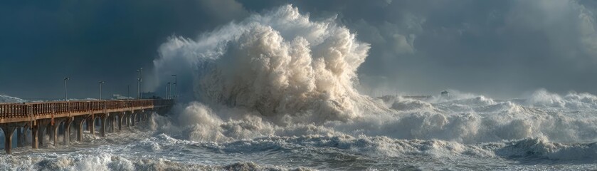Strong wind hurricane hitting island flood concept. A dramatic seascape capturing powerful waves crashing ashore.