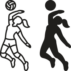 Volleyball player spiking the ball line art and silhouette icon set