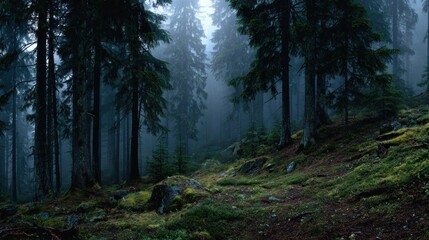 Fototapeta premium Mysterious dark forest landscape with tall trees shrouded in mist and fog