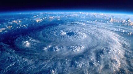 Strong wind hurricane hitting island flood concept. Aerial view of a powerful hurricane swirling over the ocean.