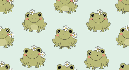 A cute pattern of smiling frogs with flowers on their heads.