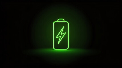 A glowing green neon battery icon with a lightning bolt symbol inside, symbolizing energy and power, against a dark background