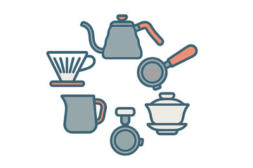 Stylized icons of coffee and tea brewing equipment and accessories