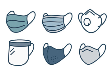 Set of various protective face masks and coverings including surgical, respirator, cloth, and shield types