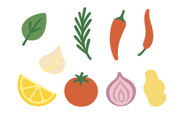 Stylized flat lay arrangement of essential kitchen herbs, spices, and fresh produce