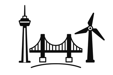 Cityscape silhouette featuring observation tower, suspension bridge, and wind turbine symbol