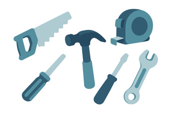 Collection of essential carpentry and home repair tools including hammer, handsaw, tape measure, and wrenches