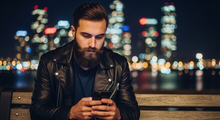 Bearded man using smartphone in urban night scene with city lights
