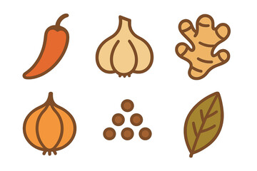 Essential cooking spices and flavor ingredients set: chili, garlic, ginger, and onion