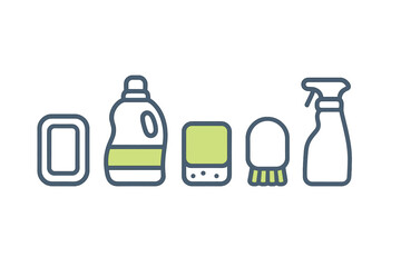 Collection of household cleaning and hygiene products in simple line art style