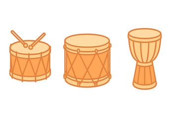 Set of three percussion instruments including snare drum and traditional djembe
