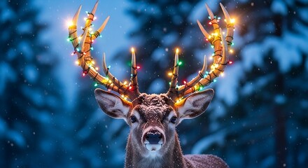 Festive Deer with Glowing Christmas Lights on Antlers in Snowy Forest