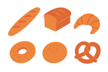 Isometric collection of various baked goods including bread, croissant, bagel, and pretzel