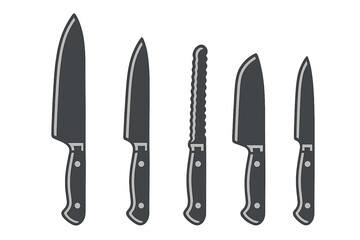 Collection of essential kitchen knives including chef utility and serrated bread knife silhouettes