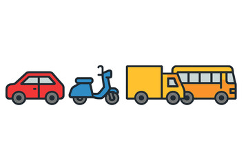 Fototapeta premium Passenger car, motor scooter, delivery truck, and transit bus in a colorful set