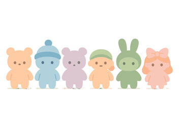 Adorable group of six pastel colored minimalist characters standing together in a line
