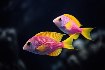 Naklejka premium Two vibrant pink and yellow fish swim against a dark background