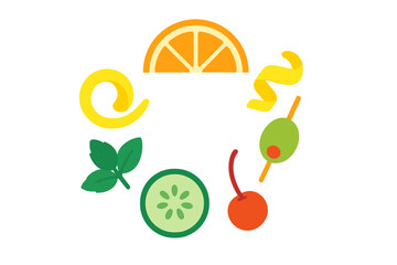 Colorful collection of cocktail garnishes: citrus, cherry, olive, mint, and cucumber