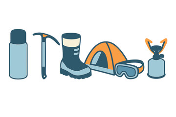 Essential equipment and gear collection for mountaineering and outdoor camping adventures
