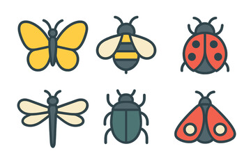 Colorful set of six flying insects including butterfly, honeybee, ladybug, dragonfly, and beetle