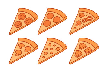 Isometric collection of six pizza slices with various popular toppings