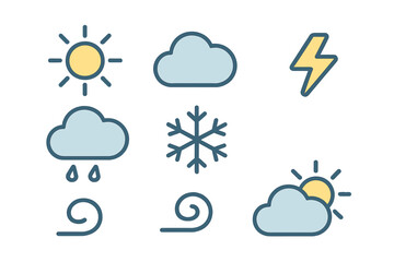 Obraz premium Weather forecast symbols showing sun, clouds, rain, snow, wind, and lightning conditions