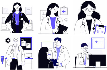 A set of minimalist line art illustrations depicting doctors, healthcare professionals, and patient consultations. Perfect for medical websites, presentations, and educational materials.