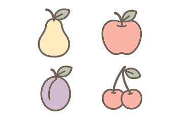 Minimalist collection of four fresh fruits: apple, pear, plum, and cherries in soft pastel colors