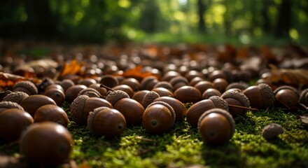 Acorns Scattered on Mossy Ground in Forest with Selective Focus and Green Bokeh Background