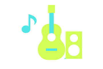 Stylized acoustic guitar, sound speaker, and floating musical note icon in bright colors