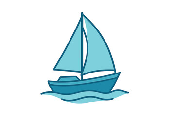 Simple stylized blue sailboat sailing on ocean waves isolated on white background