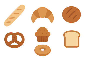 Various popular baked goods and breakfast pastries in flat design style