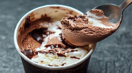 Fototapeta premium Chocolate Ice Cream Scoop with Cream and Sauce in Container