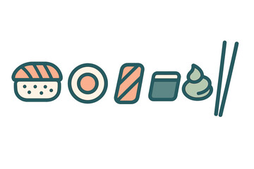 Stylized collection of various sushi types like nigiri and maki rolls served alongside wasabi and chopsticks